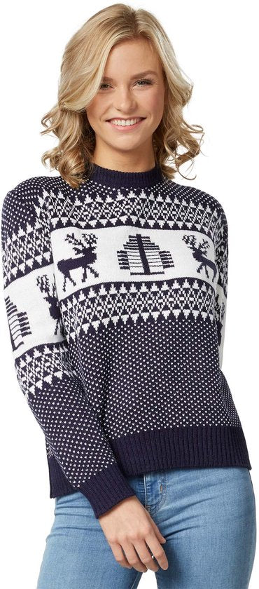 Dressforfun Kersttrui Winterwonderland blauw-wit voor vrouwen S - verkleedkleding kostuum halloween verkleden feestkleding carnavalskleding carnaval feestkledij partykleding - 303350