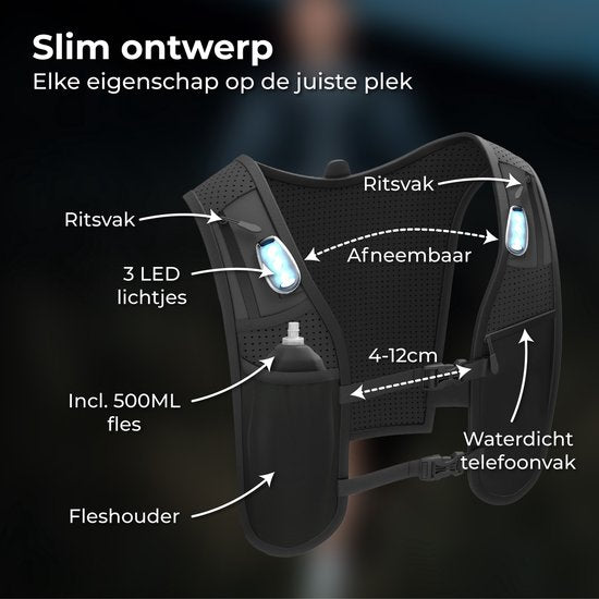 Nuvance Hardloopvest - 3x LED - Running Vest met Verlichting - Hardloop Vest - Loopvest incl. Waterfles en Telefoonvak - Universeel