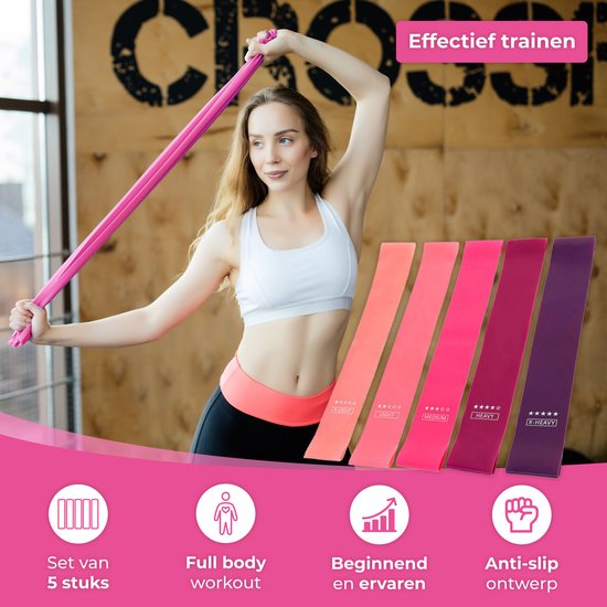 Nuvance - Weerstandsbanden Set Incl. Draagtas - 5 Delige Set - Resistance Band - Fitness Elastiek - Incl. eBook - Roze