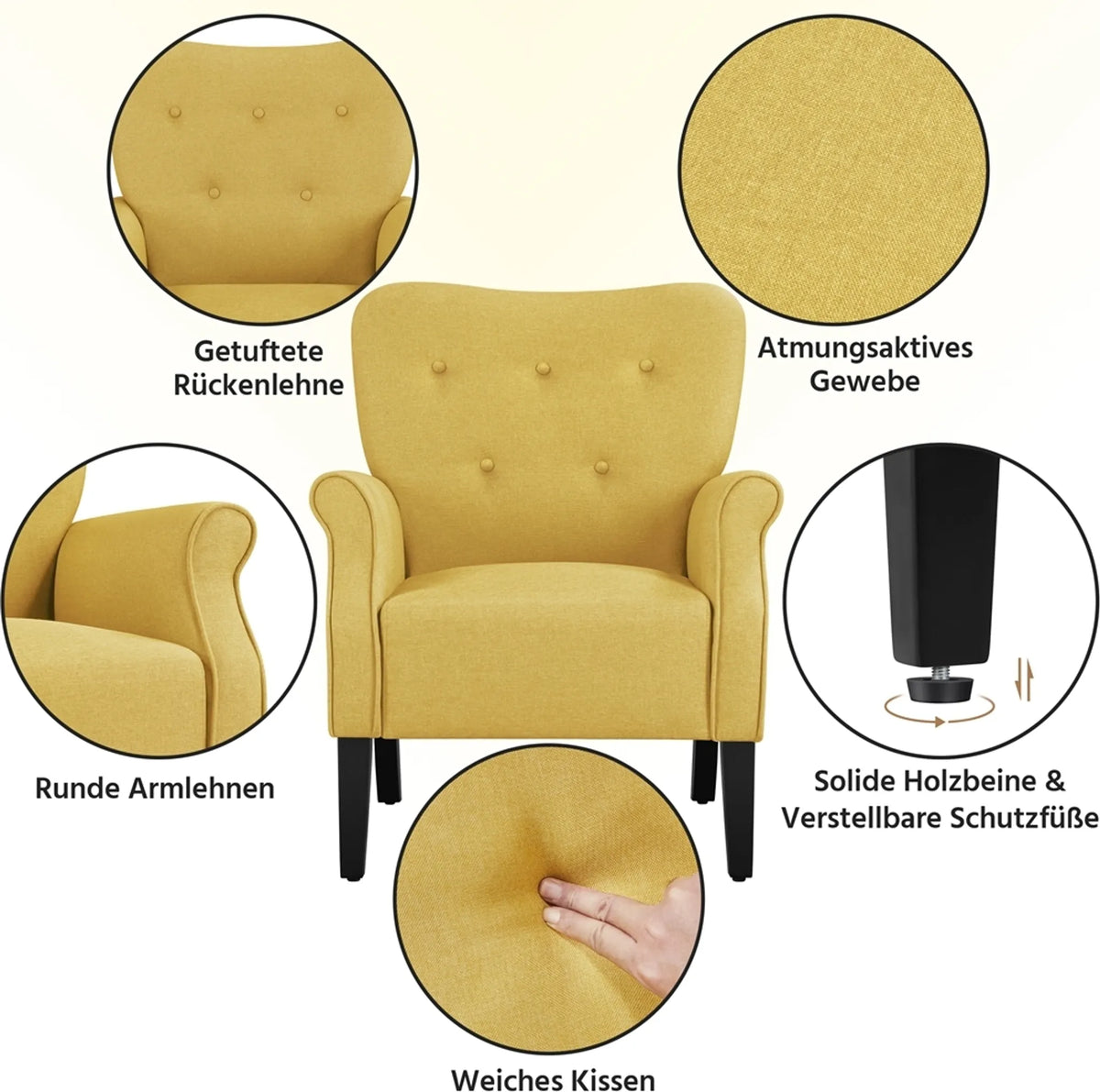 Yaheetech Loungefauteuil met Houten Poten - 74 x 72 x 94 cm - Geel
