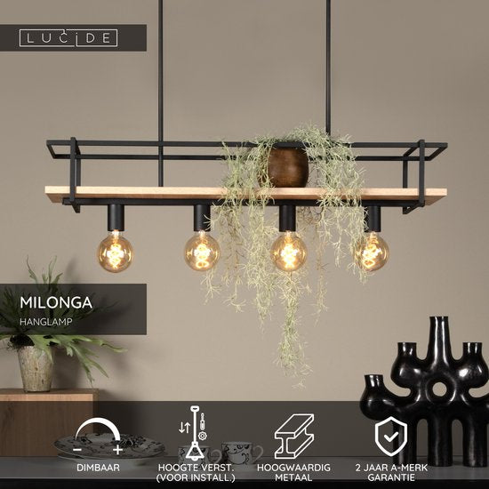 Lucide MILONGA - Hanglamp - 4xE27 - Zwart - Japandi
