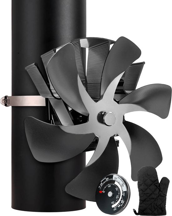 Vulpes Goods® Tech - Kachelventilator voor Houtkachel - Haardventilator - Ecofan - Warmte Ventilator - 6 Bladen - Incl. Thermometer & Handschoen - PRO versie