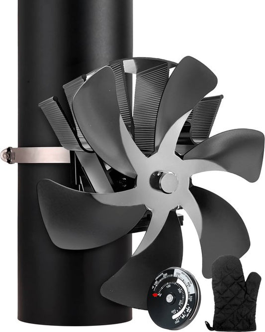 Vulpes Goods® Tech - Kachelventilator voor Houtkachel - Haardventilator - Ecofan - Warmte Ventilator - 6 Bladen - Incl. Thermometer & Handschoen - PRO versie