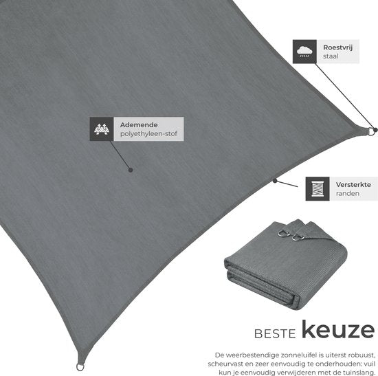 tectake® Rechthoekig Schaduwdoek Sunny - 3 x 5 m - Extra Stevig 185 g/m² HDPE Zonwering Doek - 50+ UV Bescherming - Weerbestendig en Scheurbestendig - Zonnescherm voor Tuin, Balkon, Terras - Zonnedoek inclusief Montagemateriaal - Grijs