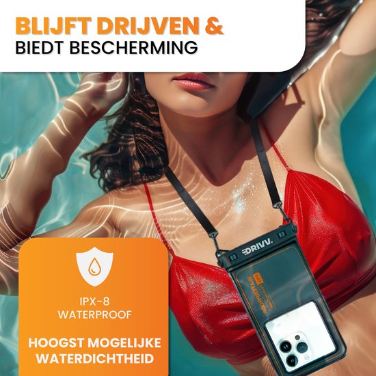 Drivv. Waterdicht Telefoonhoesje – Drijvend - Dubbele Klipsluiting - Tot 6.8 inch – Onderwater Hoesje telefoon - Zwart