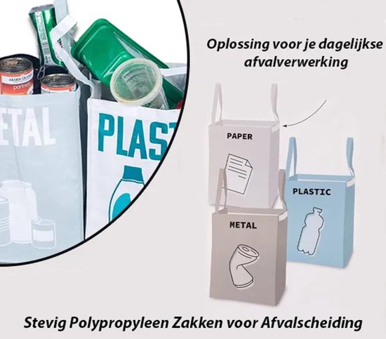 Afvalzak recycle set 3 stuks - stevige opbergzakken voor afvalscheiding.