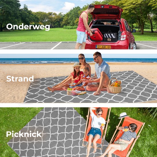 LifeGoods Buitenkleed - 183x290CM - Vloerkleed - Tuintapijt - Buitentapijt - Omkeerbaar - Incl. Draagtas - Met Patroon - Grijs/Wit