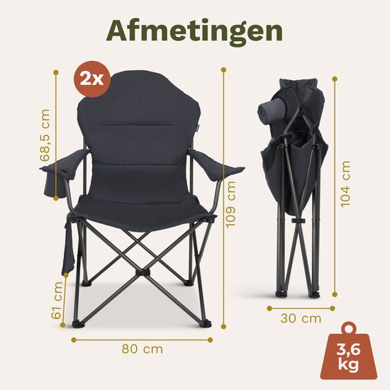 TRVLMORE Campingstoelen XXL - Opvouwbaar - 2-Pack - 160KG Draagvermogen - Incl. Draagtas - Klapstoel - Visstoel - Kampeerstoel - Vouwstoel - Grijs