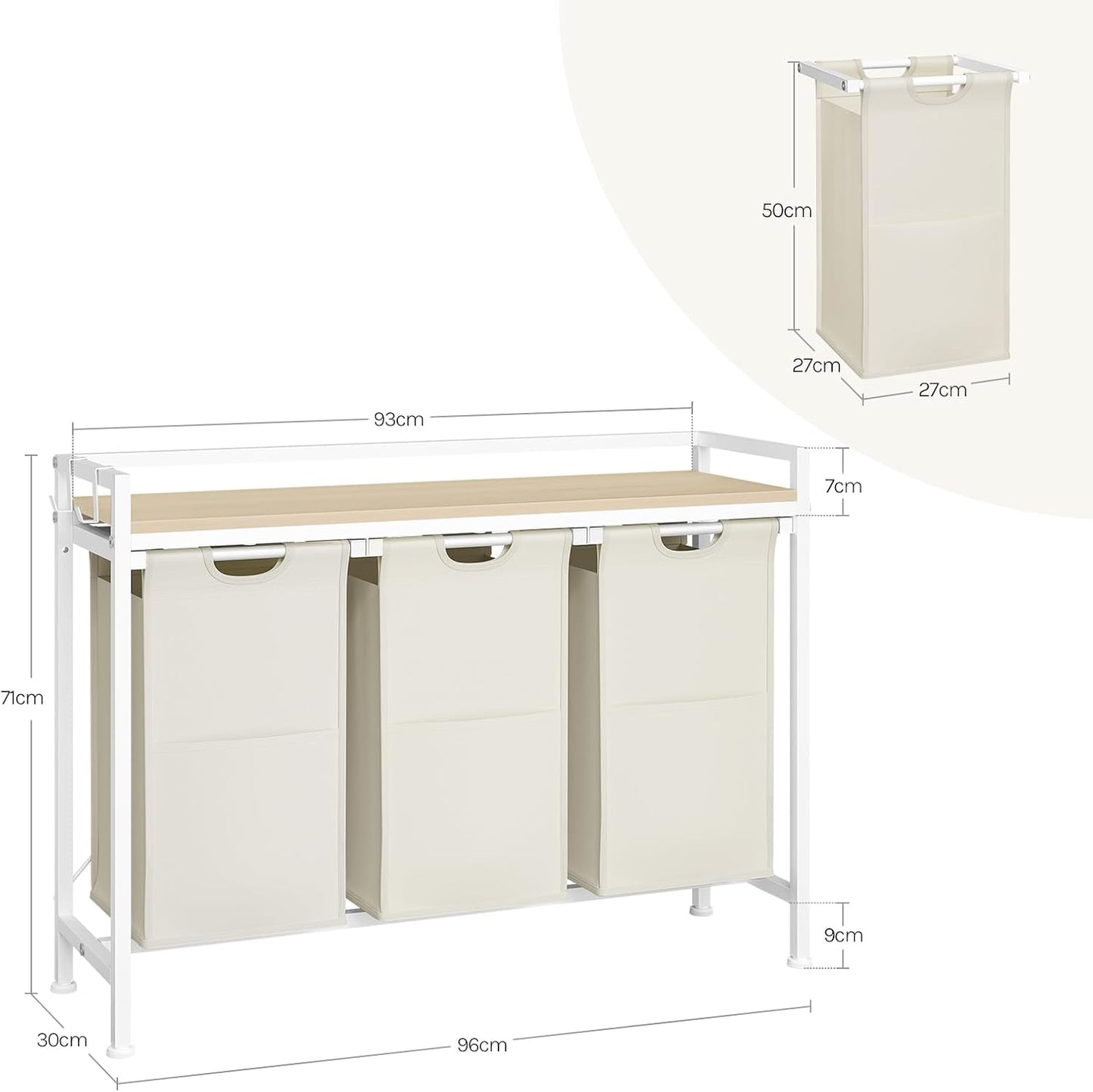WOLTU - Wasmand met 3 vakken 3x40 l - Was sorteerder met plank - Wit en licht eiken 96 x 71 x 30 cm