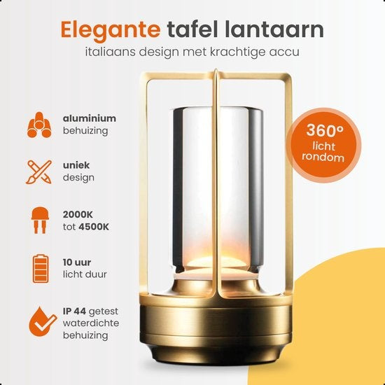 Goliving Tafellamp Oplaadbaar – Lantaarn – Draadloos en dimbaar – Moderne touch lamp – Nachtlamp Slaapkamer – 17.5 cm – Goud