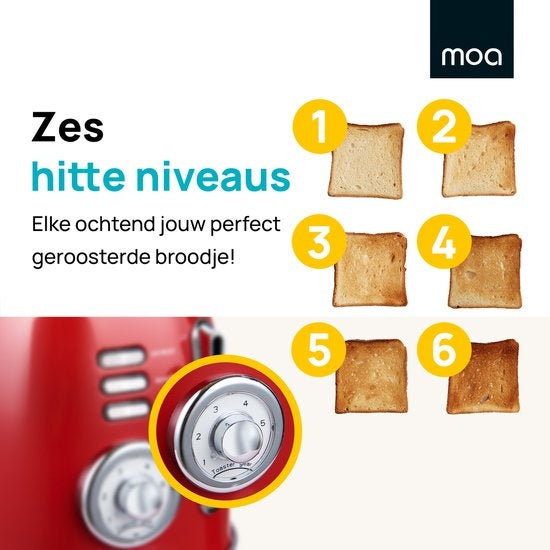 MOA Retro Broodrooster - 6 Warmteniveaus - 2 Extra Brede Sleuven - 850W - Reheat en Ontdooi-functie - Rood - T3R