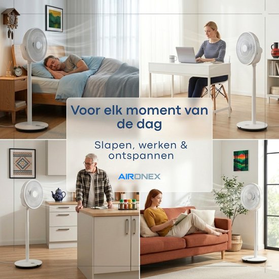 Aironex Ventilator - Stille Statiefventilator met 26 snelheden - App bediening - Laag verbruik - Wit - Met Aromafunctie en Wifi - Timer en Nachtmodus - In hoogte verstelbaar - Horizontale + Verticale oscillatie