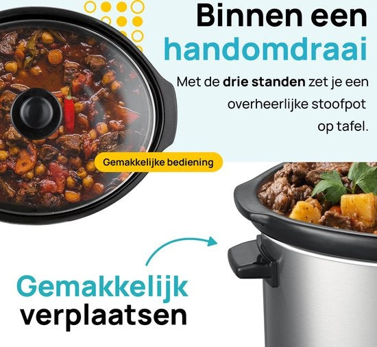 MOA Slowcooker - 6,5 liter - Keramische Binnenpan - Zilverkleurig - SC65