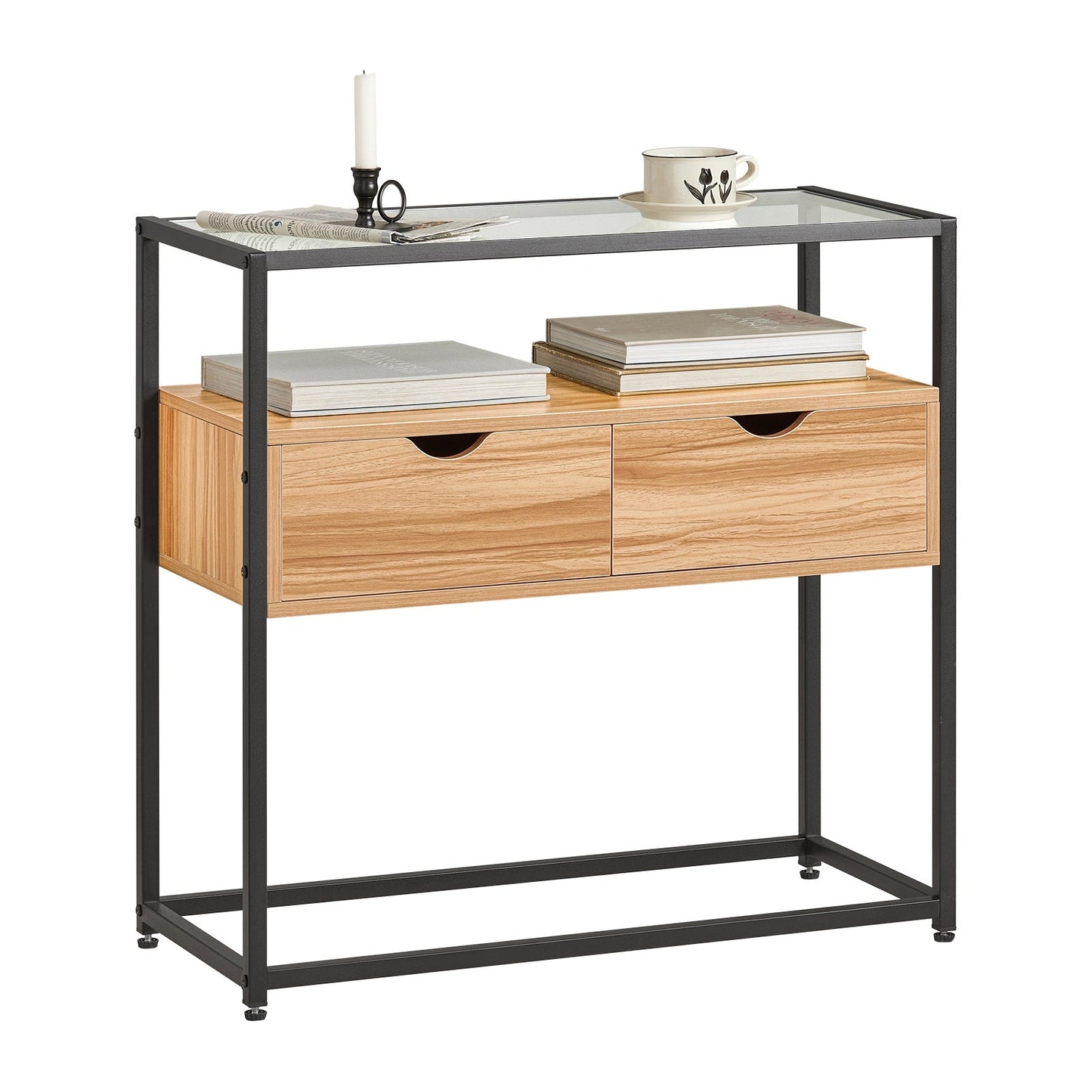 SoBuy Bijzettafel met Glazen plaat - Met 2 Lades - 81 x 35 x 78 cm - Hout/ Ijzer