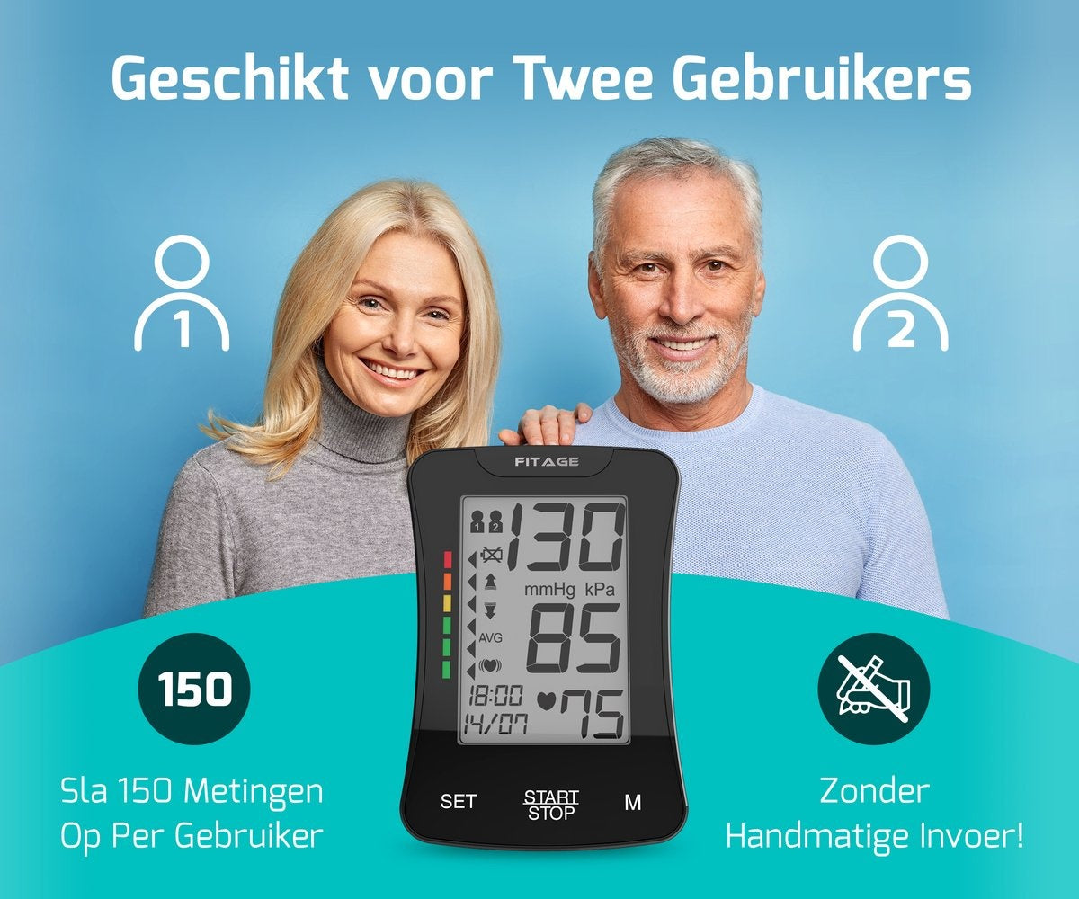 FITAGE Medische Bloeddrukmeter Bovenarm - Bloeddrukmeters - Hartslagmeter - Blood Pressure Monitor - Manchet 22-42cm