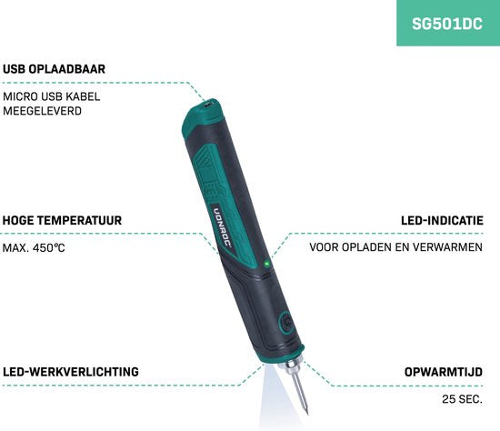 VONROC Soldeerbout 4V – Max. 450°C – Incl. Soldeerbouthouder met spons, soldeer tin- en tips