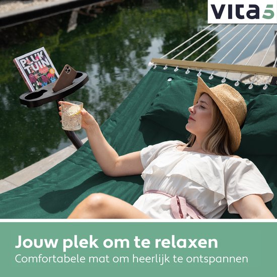 Vita5 Hangmat met Standaard en Spreidstok – 2 Persoons – incl. Bekerhouder - Afneembaar kussen – uv-bestendig – Groen