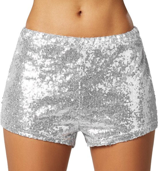 Dressforfun Pailletten-short zilver L - verkleedkleding kostuum halloween verkleden feestkleding carnavalskleding carnaval feestkledij partykleding - 303893