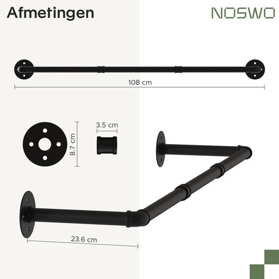 Noswo Kledingstang voor aan de Muur – 2 Stuks - Hoogwaardige Stalen Kledingroede – Kledingrek - Hangrek - Garderobe Stang - 112 cm – Zwart