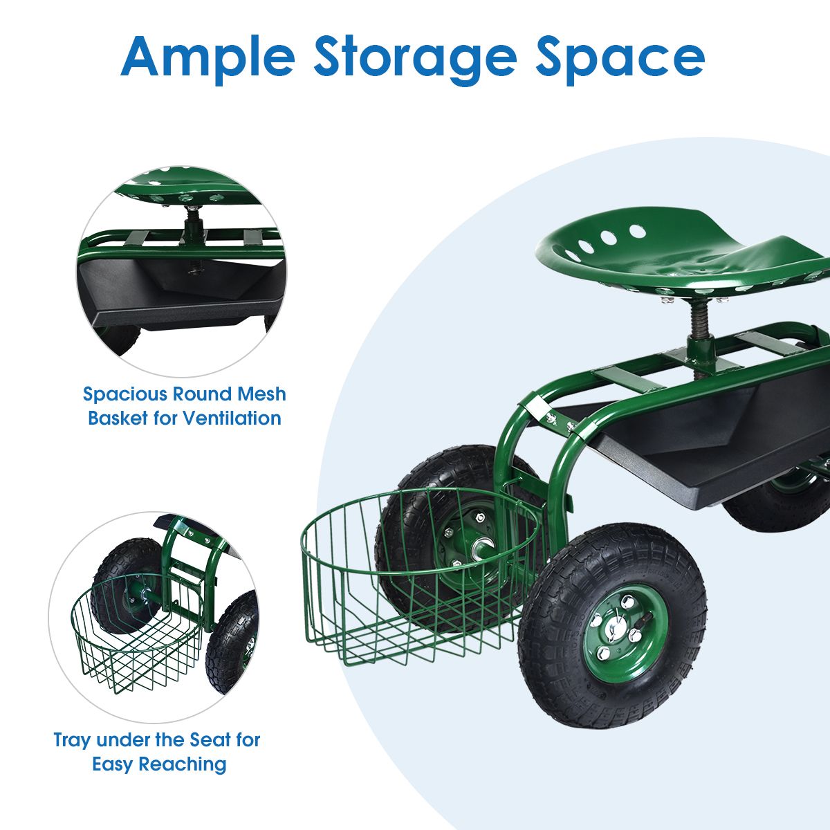 Coast Tuinwagen met opbergmand - in hoogte verstelbare handgreep - ergonomische zitting - groen