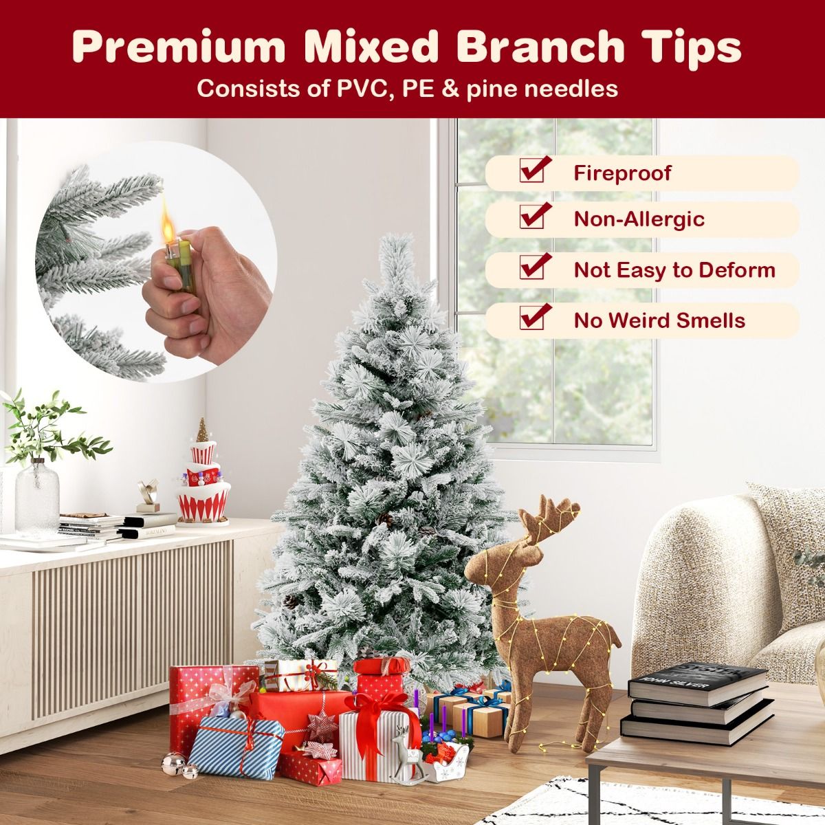 Coast Kunstkerstboom 136 cm – Besneeuwd met Kegels – 160 LED Verlichting – 472 Takken – Groen/Wit