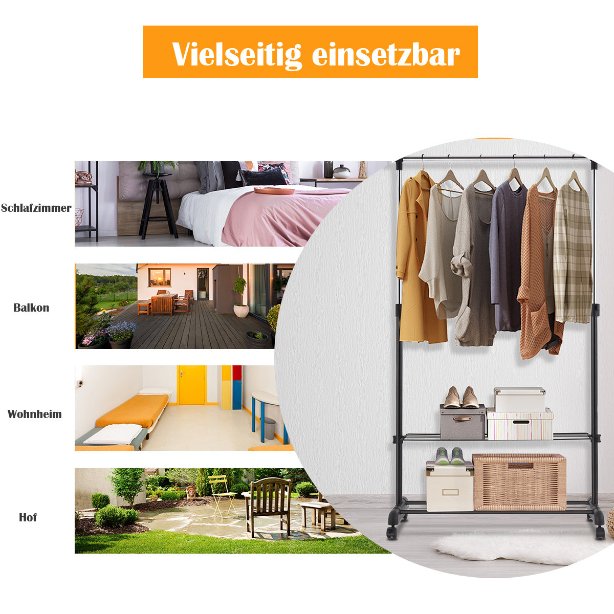 Coast Verstelbare Kapstok Met Wielen En Schoenplanken Garderobe - Zwart - 84 x 42 x (92-168) cm
