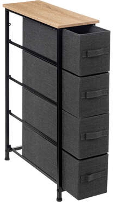 5Five Opbergmandkastje/badkamerkast - 4x manden - 20 x 48 x 77 cm - metaal/hout/stof - donkergrijs