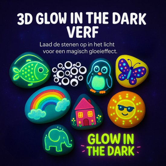 Vaive Stenen Schilderen 61-delig – Glow in the Dark Happy Stones – Knutselen - Knutselset voor Meisjes & Jongens - Knutselpakketten