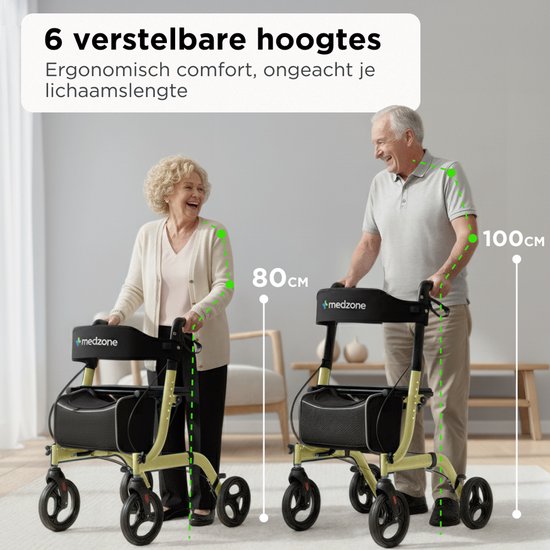 Medzone Rollator Lichtgewicht en Opvouwbaar - Zitfunctie - Binnen en Buiten - Rugleuning en Wandelstok Houder - Champagne - Goud