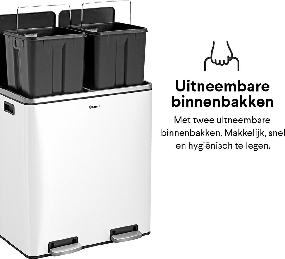 Afvalscheidingsprullenbak 2 vakken Crème Wit – 60 L (2x30 Liter) pedaalemmer Homra QUICKX – Design Duo Afvalemmer RVS - Afval Scheiden - Recycle Afvalbak - Hygiënisch Pedaal - Dubbele Vuilnisbak - Keuken Vuilbak - Kantoor Prullenbak