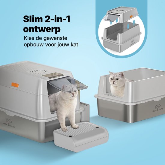 Jake en Jacky RVS Kattenbak - Kattentoilet Roestvrijstaal - Incl. Kattenbakschep met Houder en Gritopvang Opstapje - 2 in 1 Open Kattenbak met Afneembare Deksel - 60x40x38cm