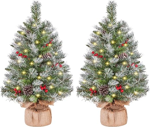 Yaheetech Mini Kunstkerstbomen 61 cm - Set van 2 - Sneeuw - LED Verlichting