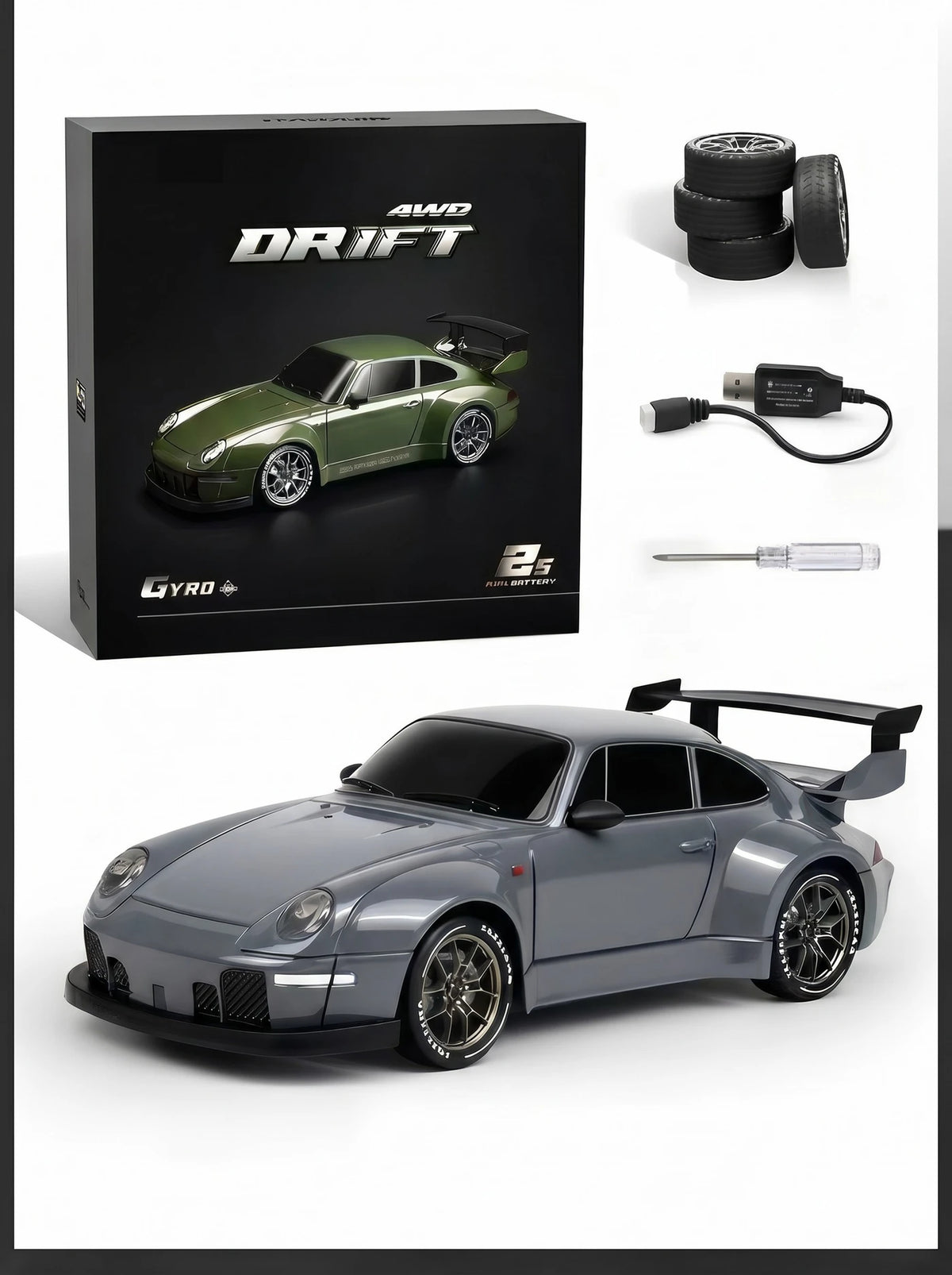 S814 RC-driftauto 1:24 - 4WD met Gyrostabilisator - LED-verlichting & Twee Bandensets - Grijs
