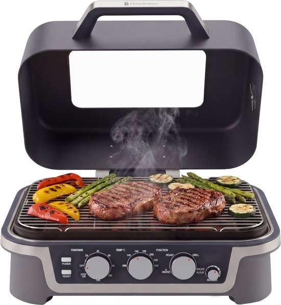 KitchenBrothers Elektrische BBQ en Smoker - Tafelmodel voor Balkon - 90°C tot 250°C - 2600W - Tafel BBQ - Met Kijkvenster