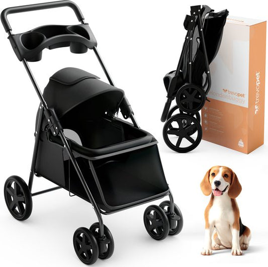 Trevopet® Hondenbuggy Inklapbaar - Wandelwagen - Buggy voor Kleine en Middelgrote Honden tot 15 kg - Waterafstotend met Bekerhouder - Zwart