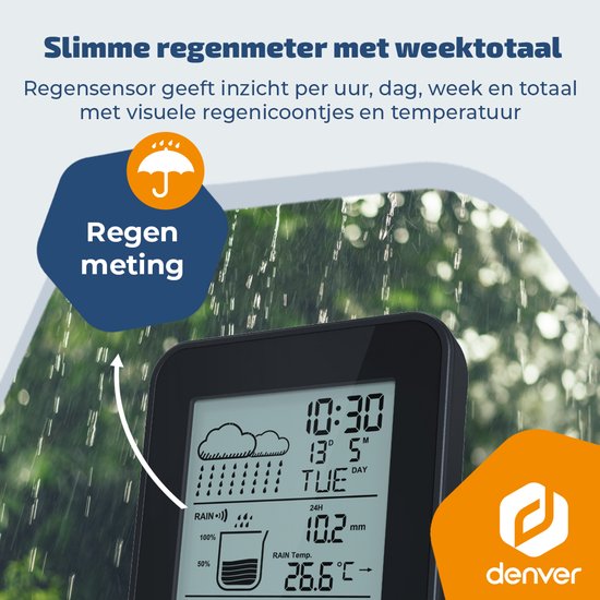 Denver Weerstation - Binnen & Buiten - Hygrometer - Regenmeter - Temperatuur - Weersvoorspelling - Radiogestuurd - Draadloze buitensensor - WSR560