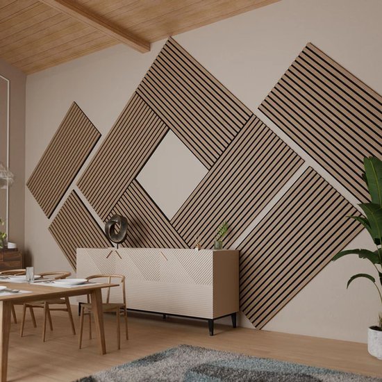 Akoestische Wandpanelen – Set van 4 – Geluidsabsorberend MDF & PET Schuim – Naturel Donker – 120 x 60 x 1,8 cm