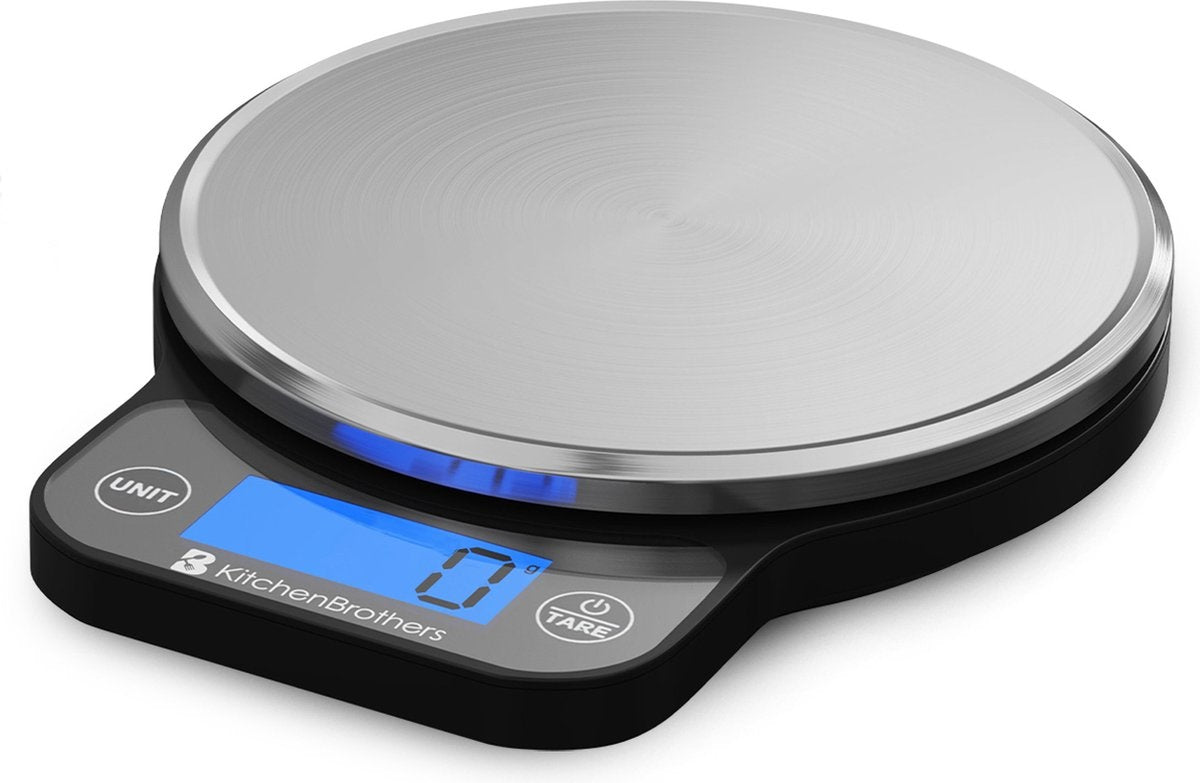 KitchenBrothers Keukenweegschaal - Weegschaal Keuken Digitaal - 1 g tot 6 kg - Tarra Functie - Inclusief Batterijen - RVS/Zwart