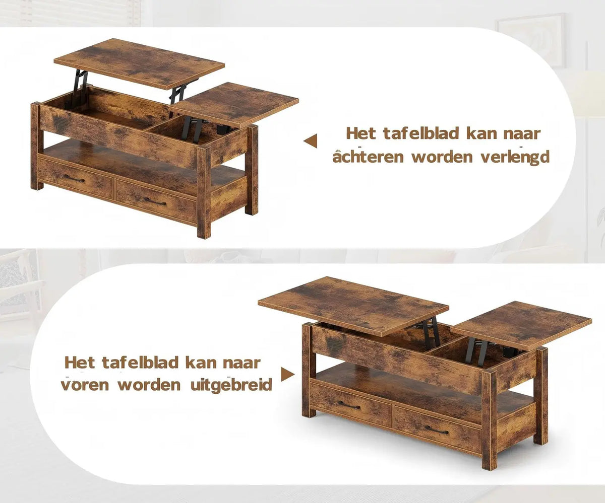 Rolanstar Salontafel in Hoogte Verstelbaar - Donkerbruin - 100 x 50 x 48 cm - Met Laden, Opbergruimte