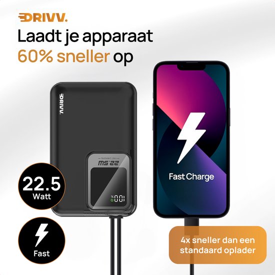 Drivv. Powerbank 20.000 mAh - Met Ingebouwde 8 pin & USB C Kabel - Inclusief 60W Oplaadkabel - 22.5W Snellaadfunctie - USB / USB C - Noodpakket