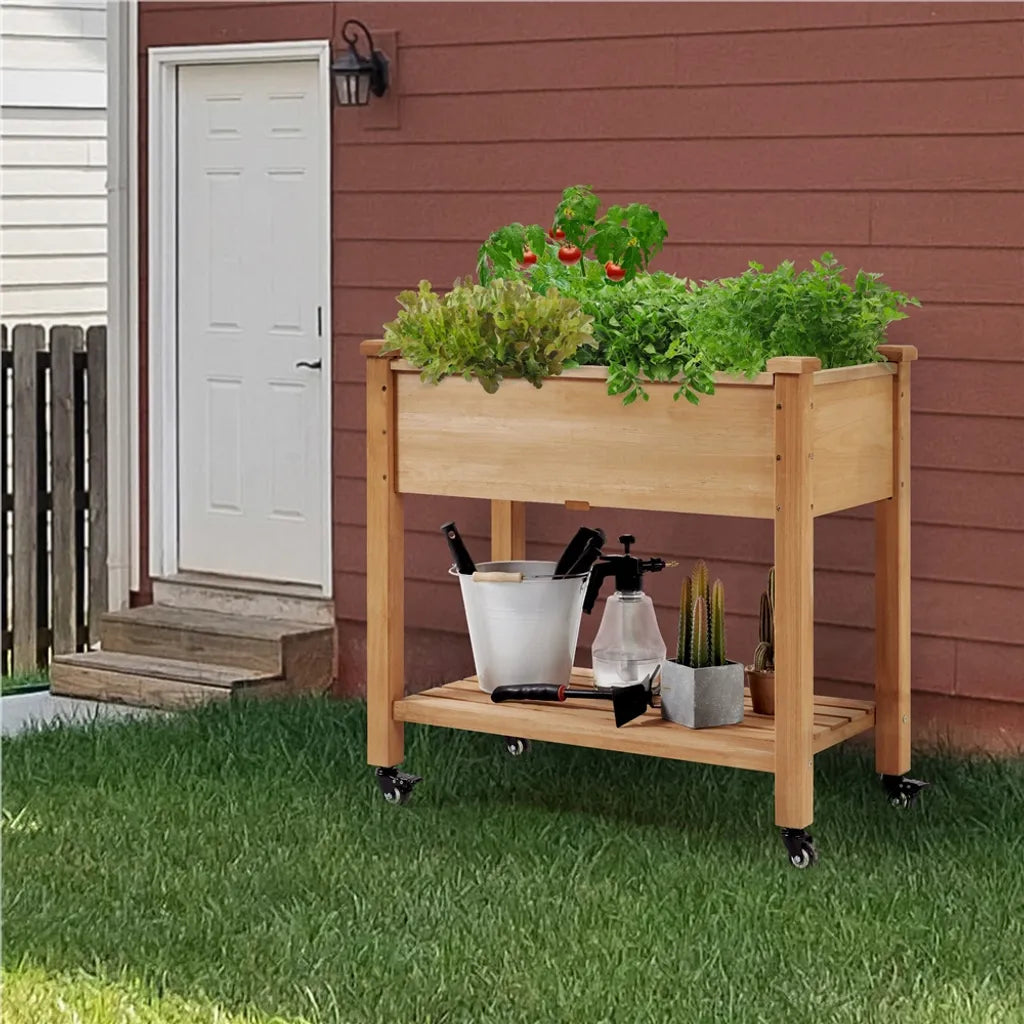 Yaheetech Verhoogde Plantenbak op Wielen 87 x 47 x 83,5 cm - Lichtbruin - Houten Kweekbak met Opbergplank