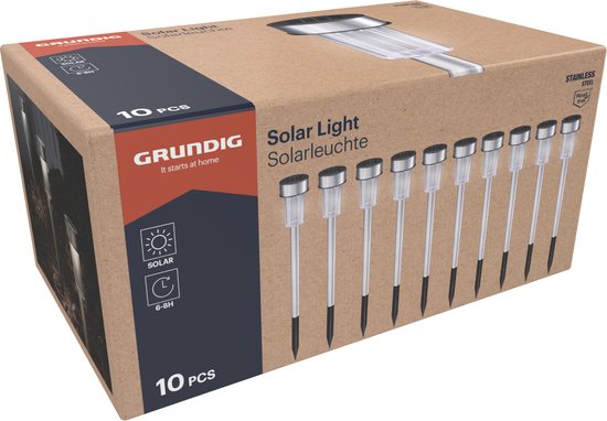 Grundig Solar Tuinverlichting - Tuinfakkels 10 Stuks - Prikspot op Zonne Energie - Tuinlantaarns met Wit Licht - IP44 Waterbestendig - Batterijduur 6-8 Uur - Ø4,8 x 36,5 cm - Roestvrij Staal