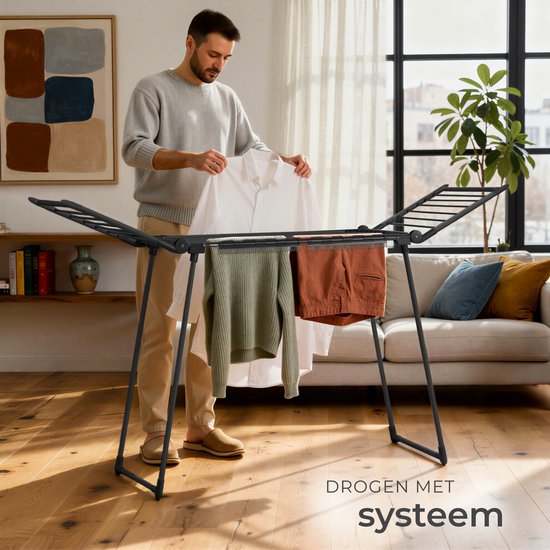 tectake® Droogrek - Wasrek - 18 Meter Drooglengte - Inklapbaar - Staand - Droogrekken met 2 Houders voor Kleine Was - Hoge Zijvleugels voor Lange Kleding - Zwart