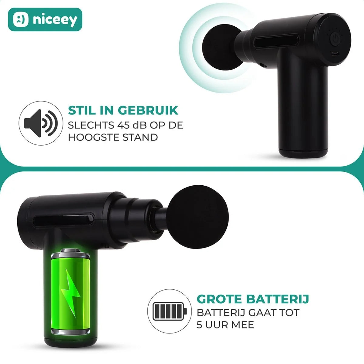 Niceey Massage Gun Mini - Krachtig - Draadloos - 5 Opzetstukken - Massage Apparaat - Massage Pistool - Sport en Relax Massage apparaat - Met Koffer - Zwart