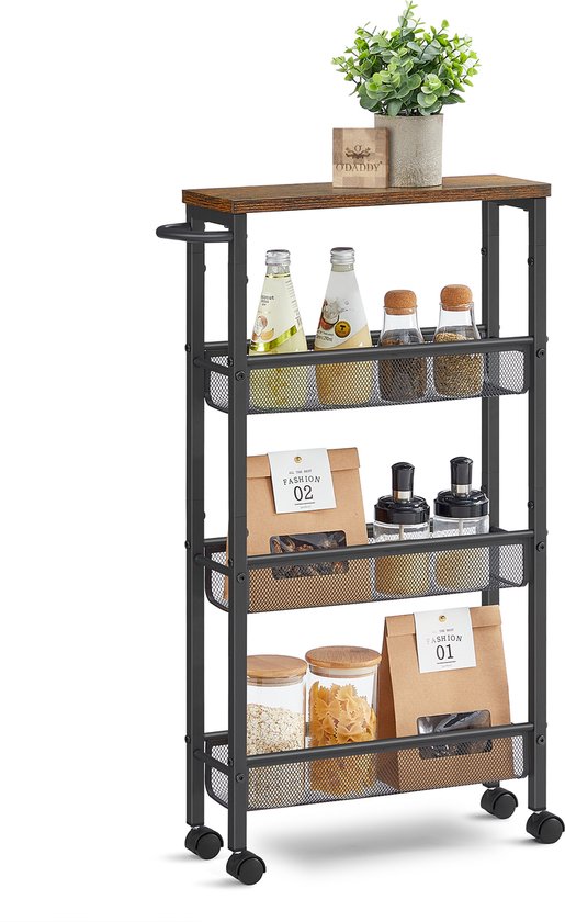 O'DADDY® Keukentrolley - Smalle Rolwagen - Keukeneiland - Serveerwagen - Keukentrolley Op Wieltjes - Keuken Trolley - Industrieel Design - Bruin Hout - Zwart Metaal