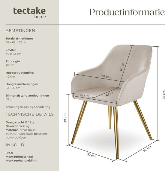 tectake® Eetkamerstoel Marilyn - Met Armleuningen - Elegante Stoel met Gevoerde Zitting in Fluweellook - Gestoffeerd - Gouden Metalen Poten - Ergonomische Keukenstoel - Stoel voor Woonkamer, Eetkamer en Slaapkamer - Taupe