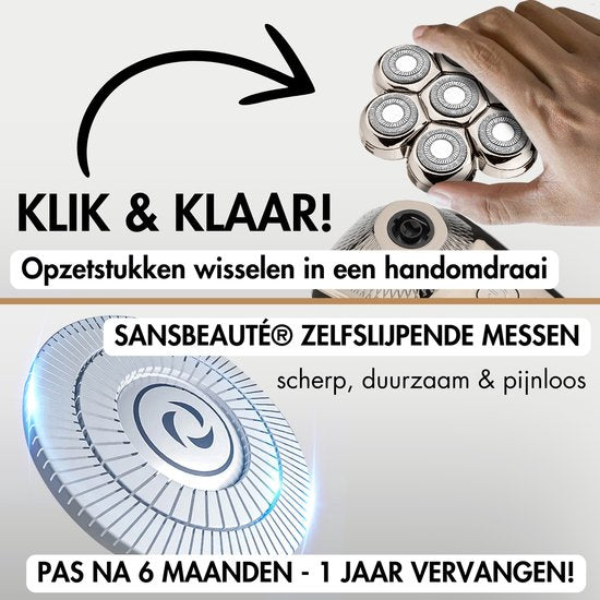 6-in-1 Scheerapparaat Mannen – Trimmer - Tondeuse - Sansbeauté® SkullSharp PRO MAX - Elektrisch Gezichts- & Hoofdscheerapparaat - Skull Shaver - Hoofd Kaal Scheren – Nat & Droog - Elektrisch