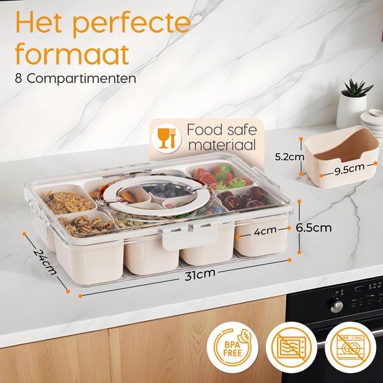 Posity Snackbox - Snackdoos met Vakjes - Met Deksel en Handvat - 8 Vakken - Voor Onderweg - Vershouddoos - Kunststof - Wit