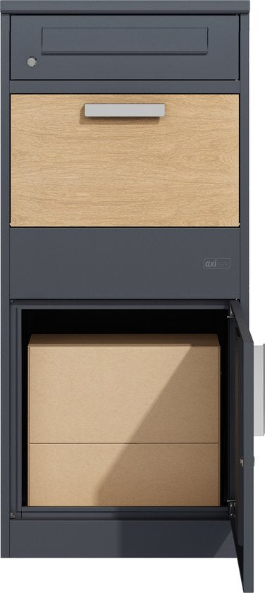 AXI Levi Pakketbrievenbus van Metaal Antraciet/Houtlook – Pakketbox voor meerdere pakketjes – Inclusief slot en apart vak voor post – 50,6 x 38,3 x 112 cm