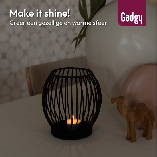 Gadgy Waxinelichthouder Rond - Theelichthouder Klein - Decoratie Woonkamer - Sfeerverlichting Binnen - Kaarsenhouders voor Waxinelichten 14.5x15 cm - Windlicht Metaal - Zwart - Cadeau voor Vrouw
